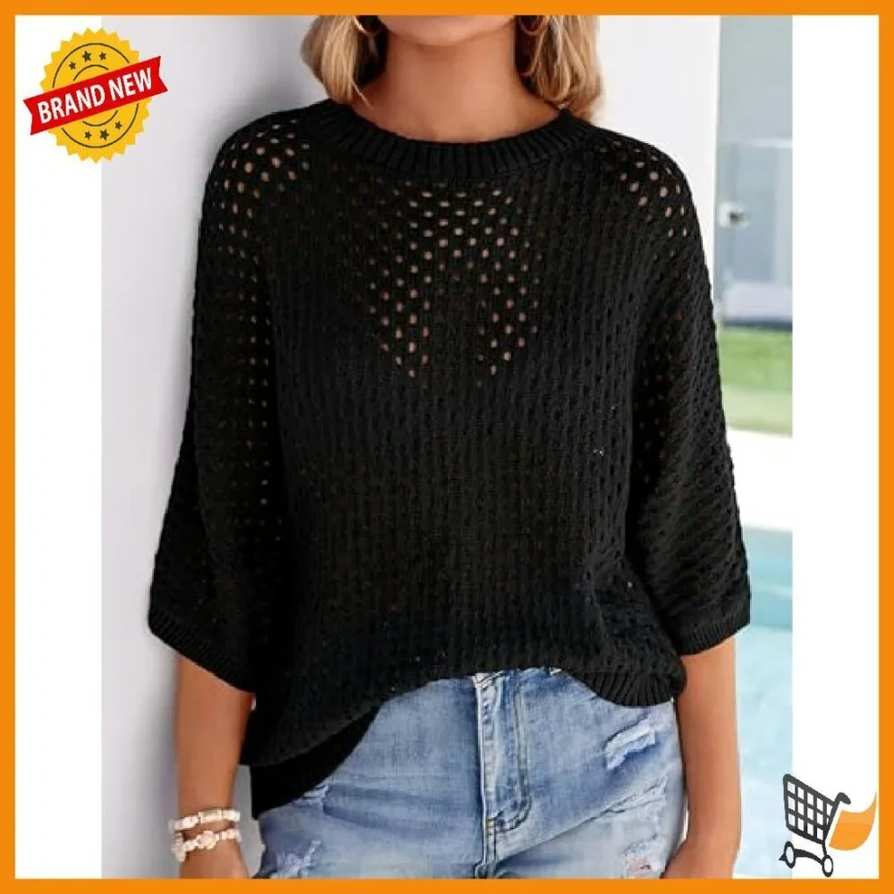 Crochet Hollow Out Batwing Sleeve Summer Pullover Sweater